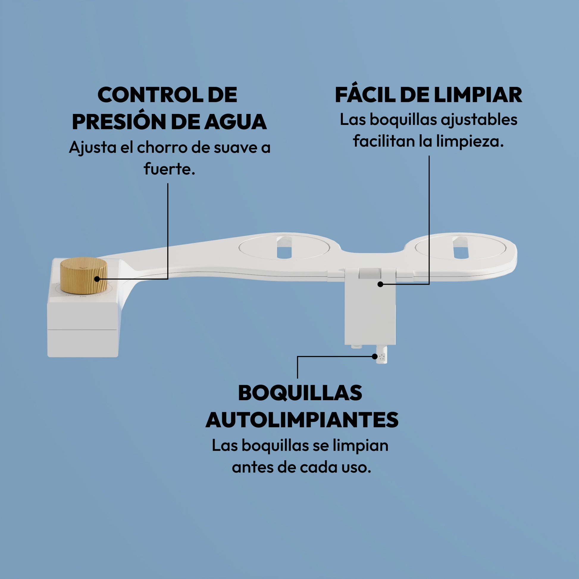 Bidet acoplable Bidetus con mando de madera de bambú mostrando funciones de control de presión ajustable, boquillas autolimpiantes y diseño de fácil limpieza.
