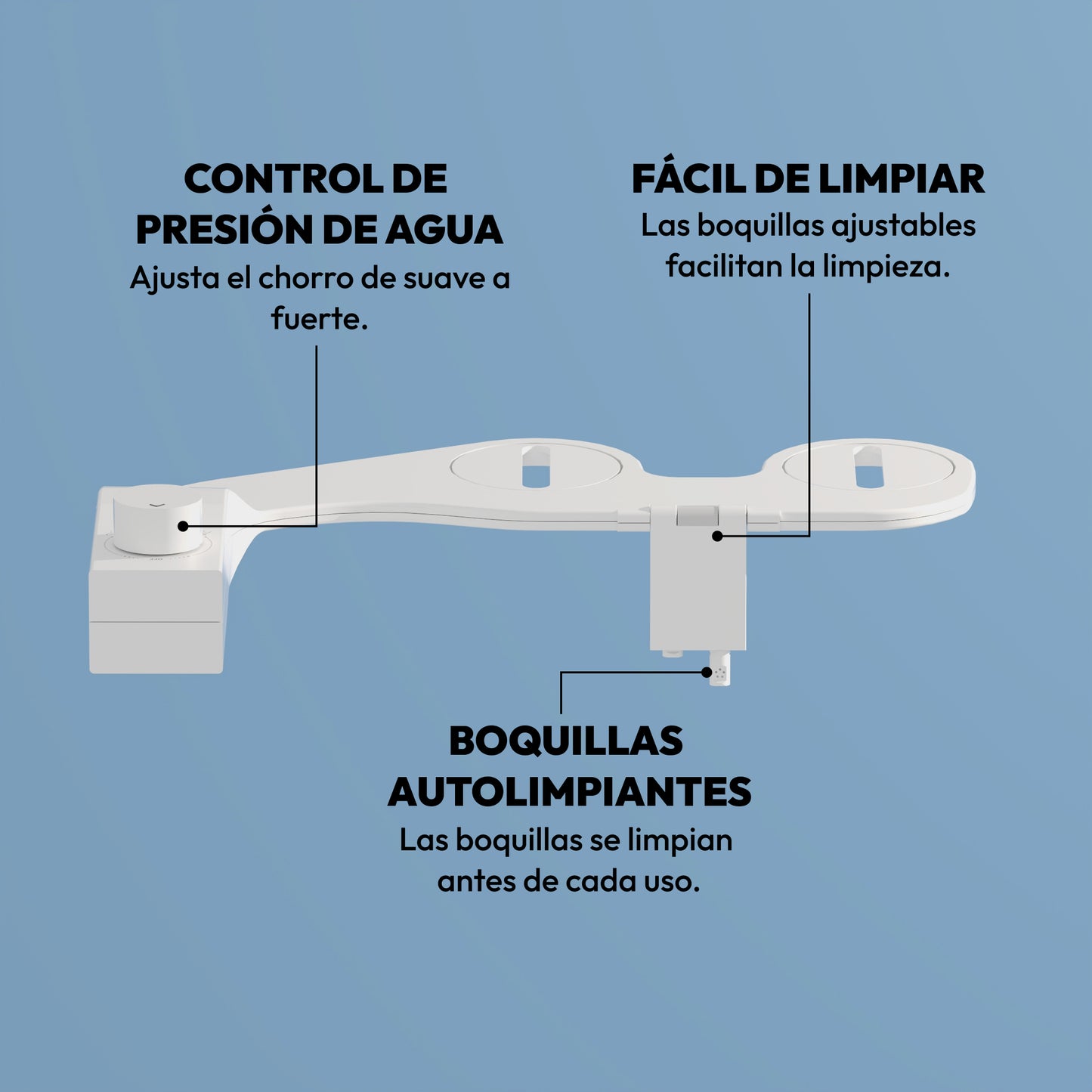 Bidet japonés Bidetus en color blanco con funciones de higiene avanzada, incluyendo boquillas que se limpian solas antes de cada uso.