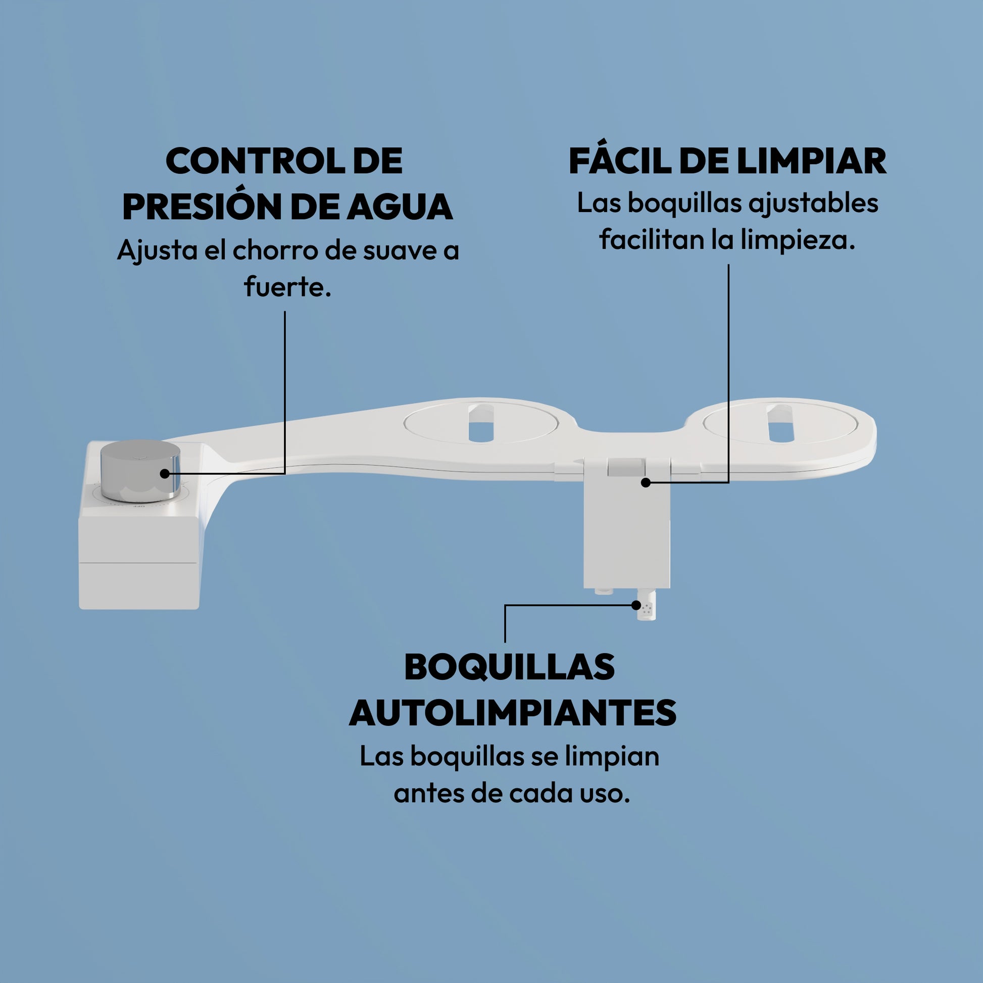 Bidet para inodoro Bidetus con acabado cromado brillante, resaltando el sistema de boquillas ajustables y el chorro de agua regulable de suave a fuerte.