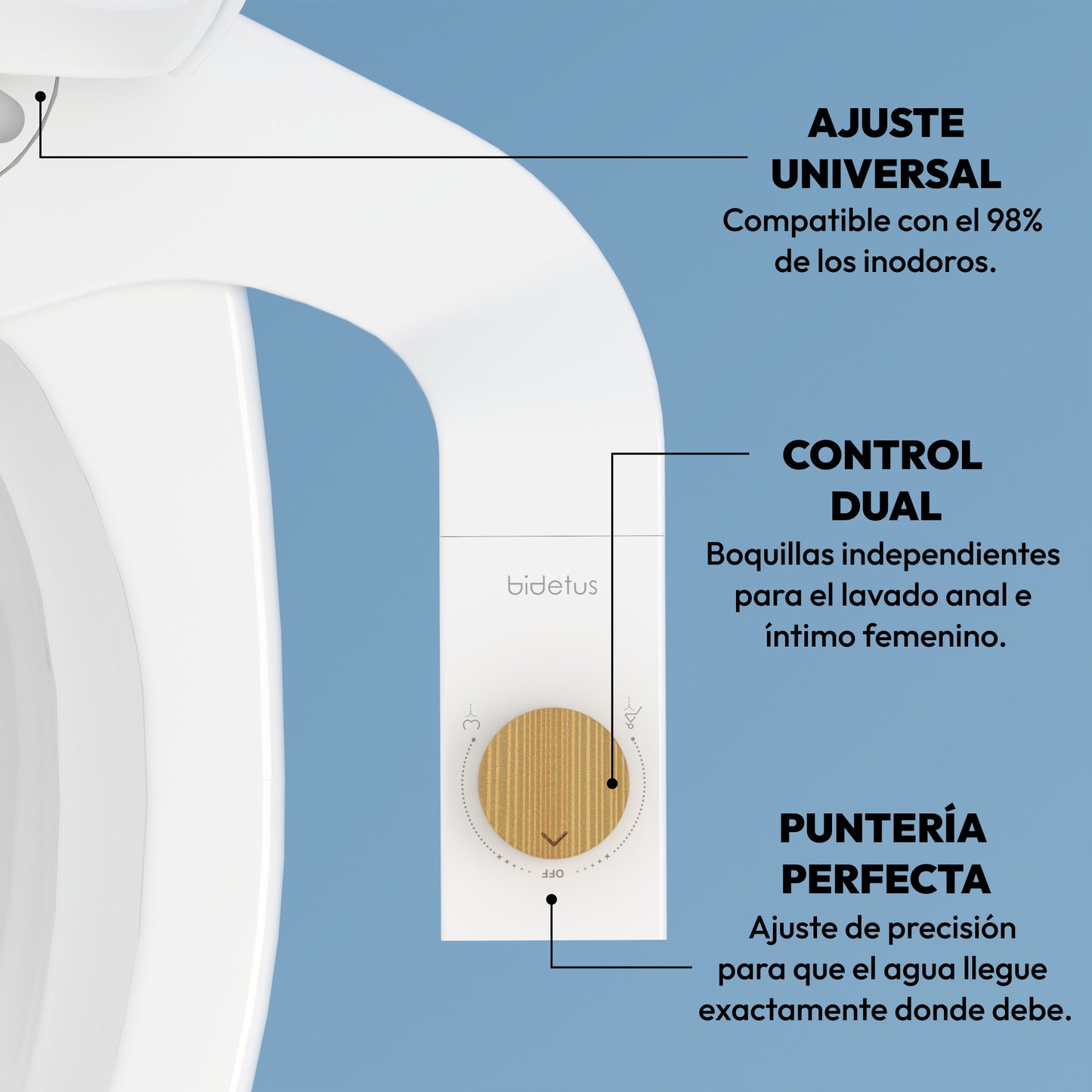 Detalle del panel de mando del bidet de estilo japonés Bidetus Bambú, mostrando el dial para lavado anal e íntimo independiente y ajuste universal al 98% de inodoros.