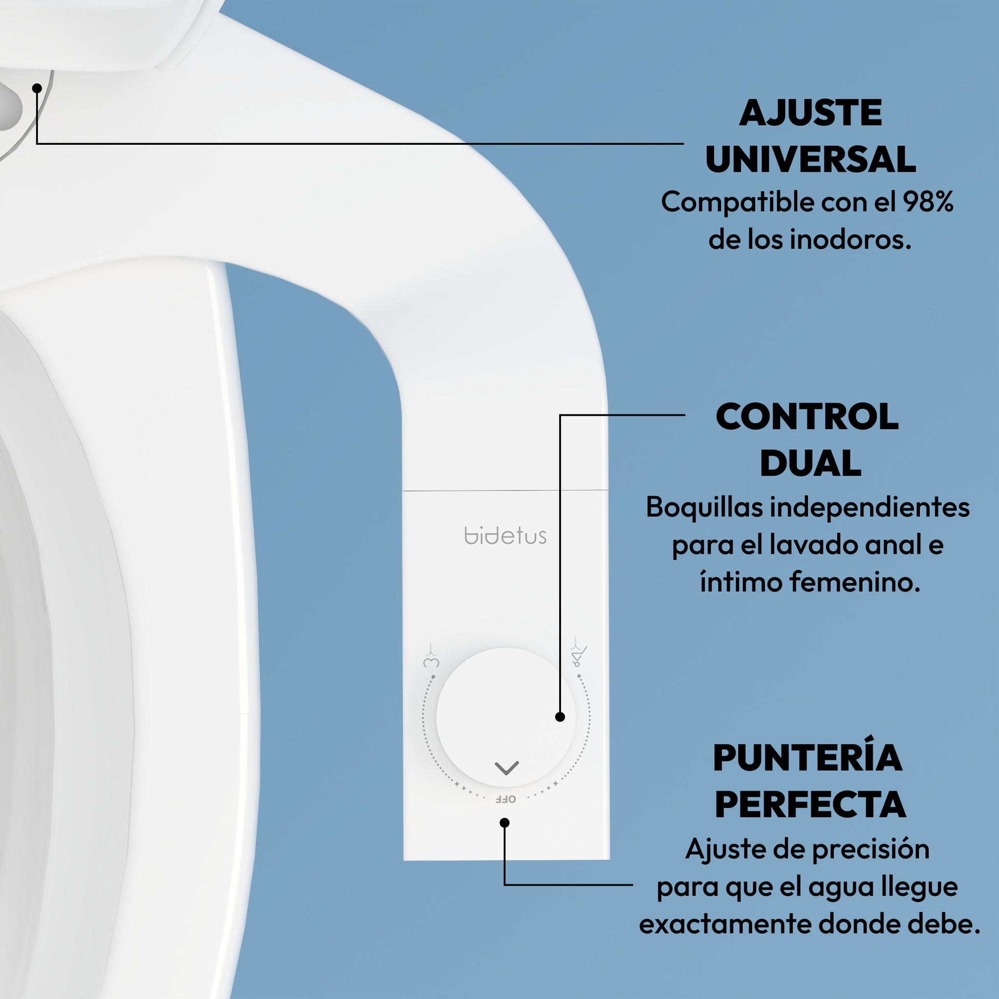 Controles del bidet integrable Bidetus Blanco con diseño minimalista, resaltando la palanca de precisión y el mando para una higiene íntima completa.