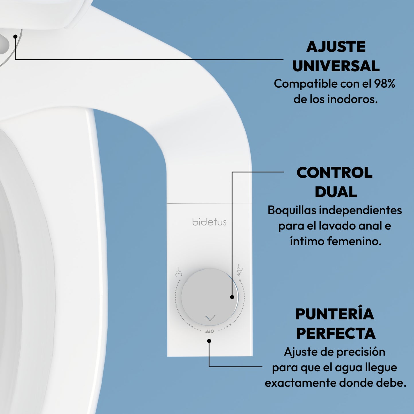 Vista superior del mando del bidet para inodoro Bidetus con acabado cromado, destacando el control dual de boquillas y el ajuste de precisión para una puntería perfecta.