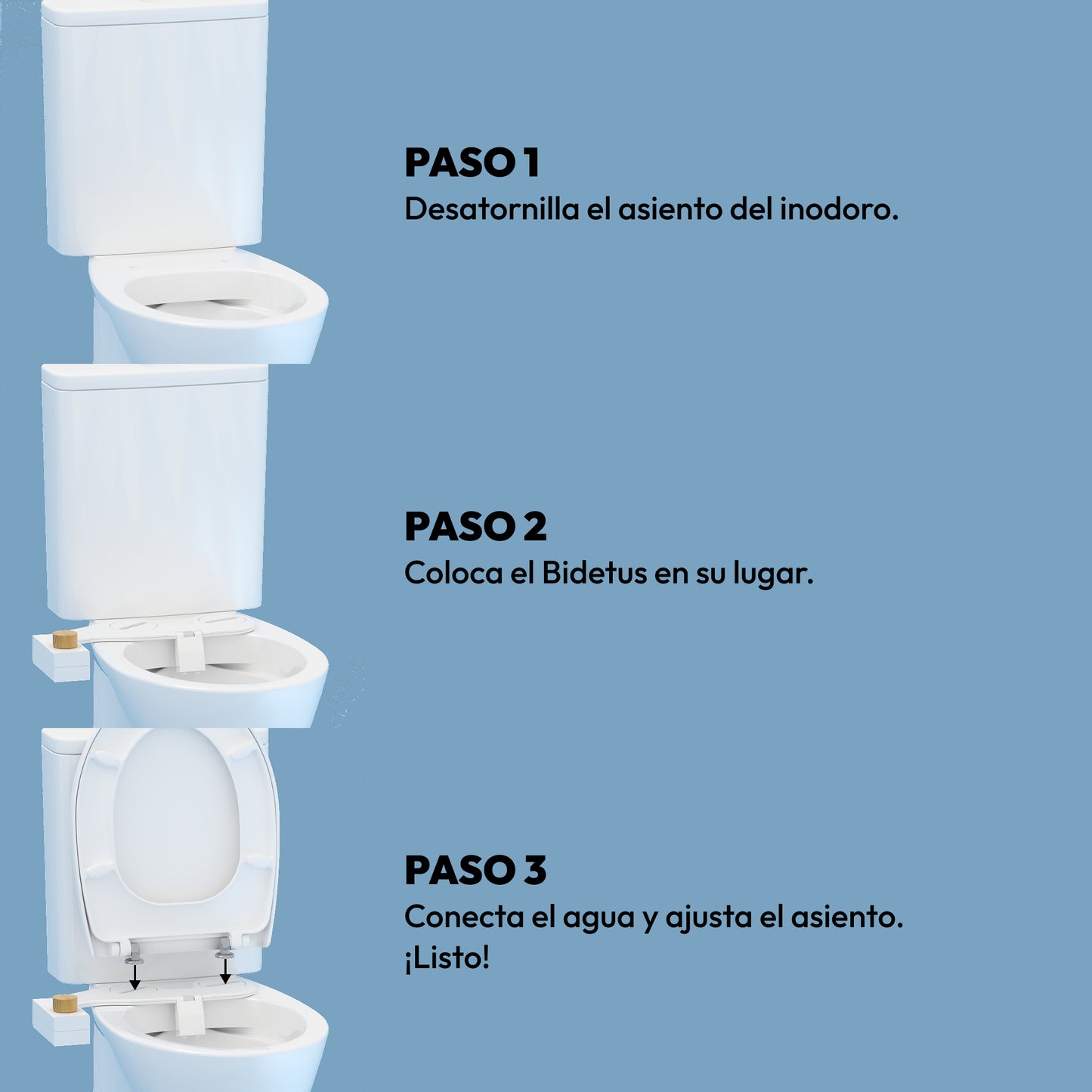 Guía de 3 pasos para instalar el bidet acoplable Bidetus Bambú en cualquier sanitario; montaje sencillo sin obras para transformar tu váter en un bidet moderno.