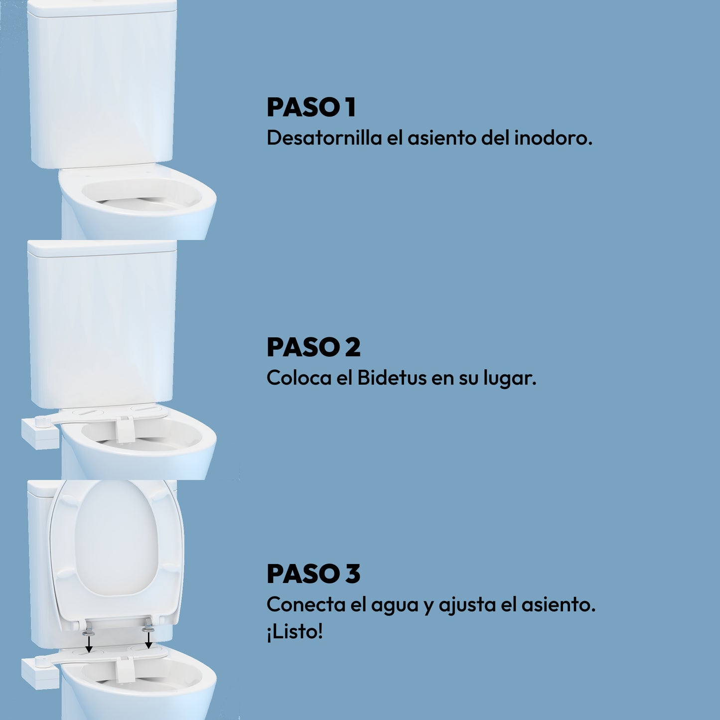 Instrucciones visuales de montaje para el bidet de estilo japonés Bidetus Blanco, compatible con el 98% de los inodoros estándar para una instalación DIY.