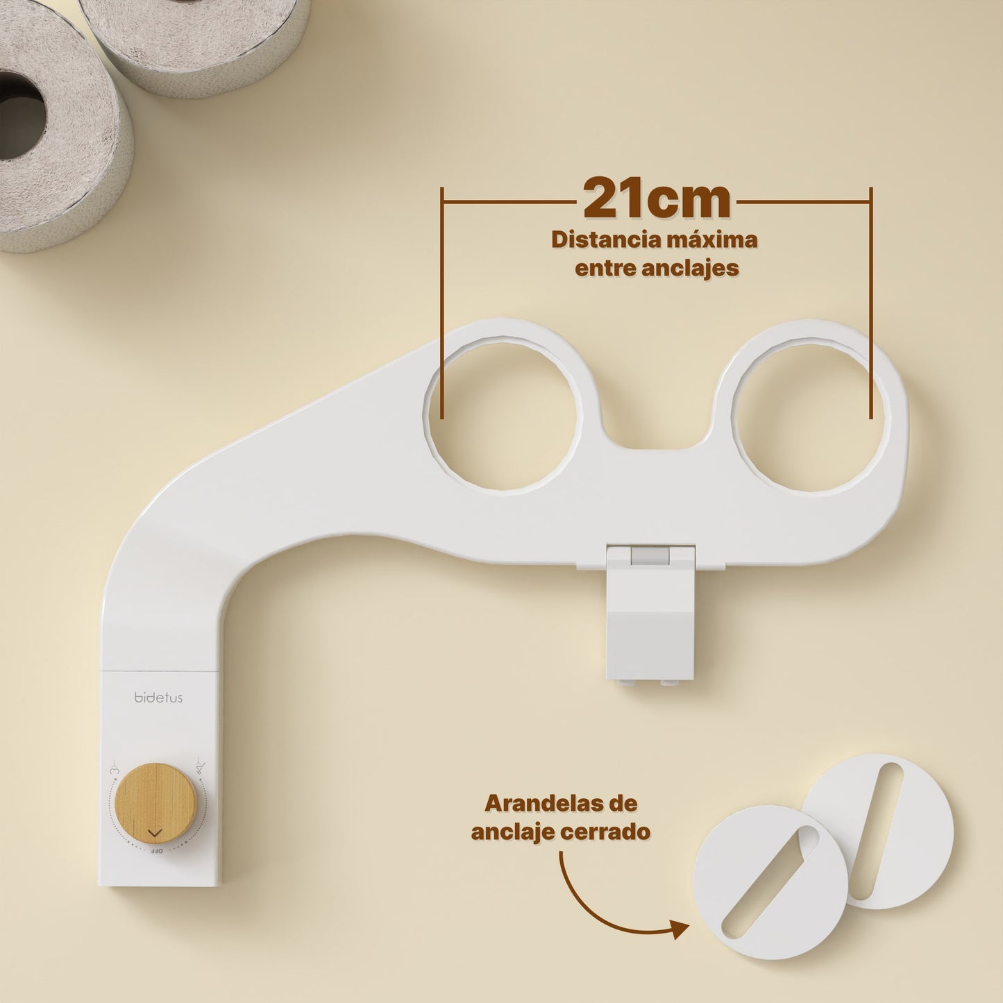 Diagrama de medidas del bidet Bidetus con 21cm entre anclajes.