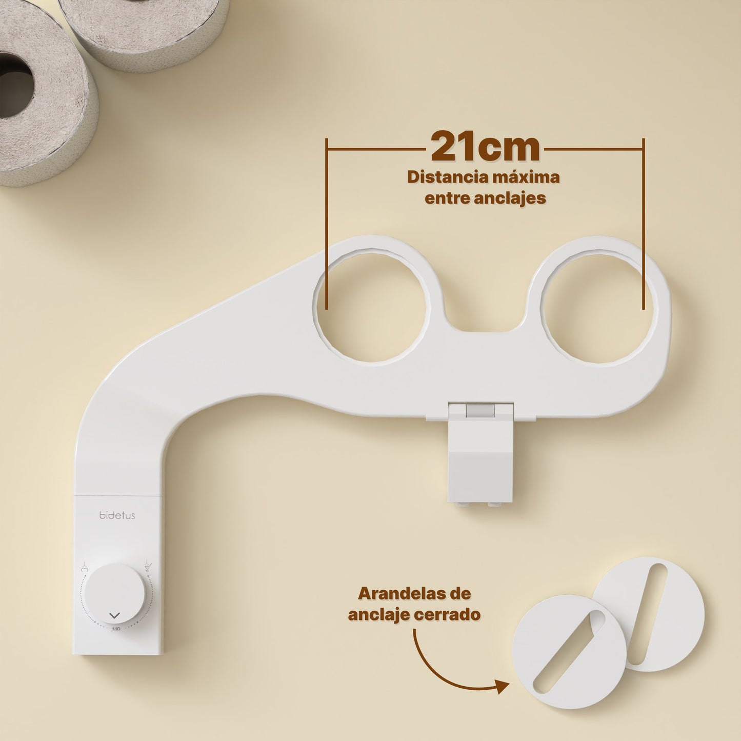 Diagrama de medidas del bidet Bidetus con 21cm entre anclajes.