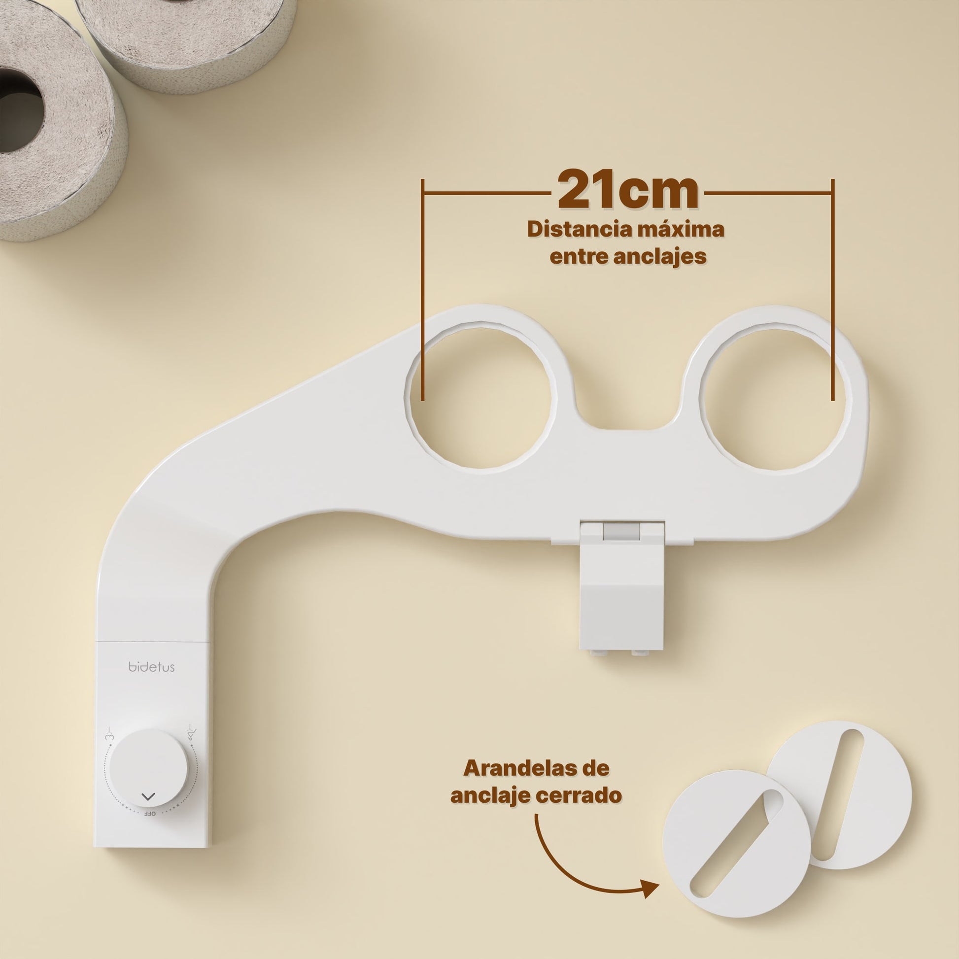Diagrama de medidas del bidet Bidetus con 21cm entre anclajes.