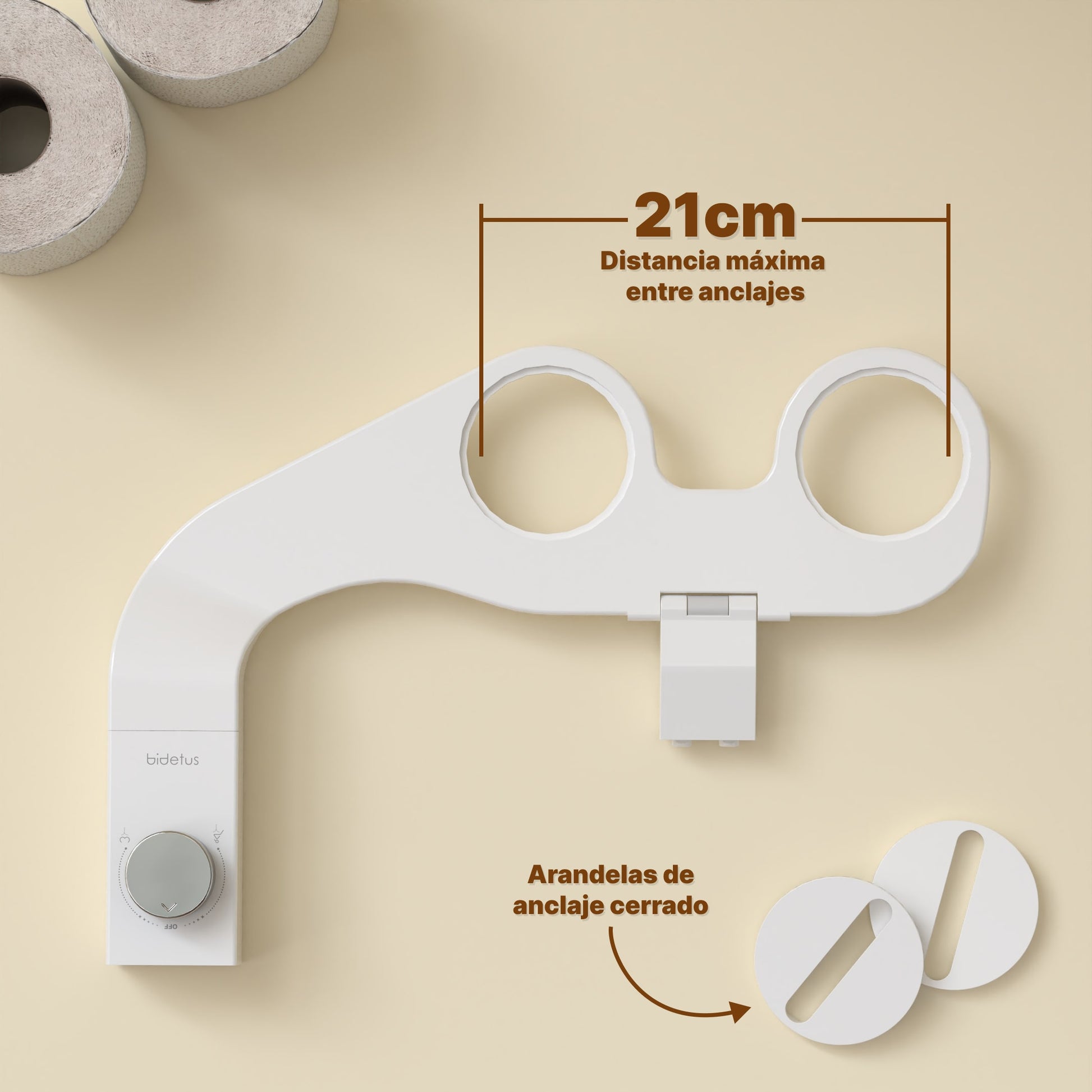 Diagrama de medidas del bidet Bidetus con 21cm entre anclajes.